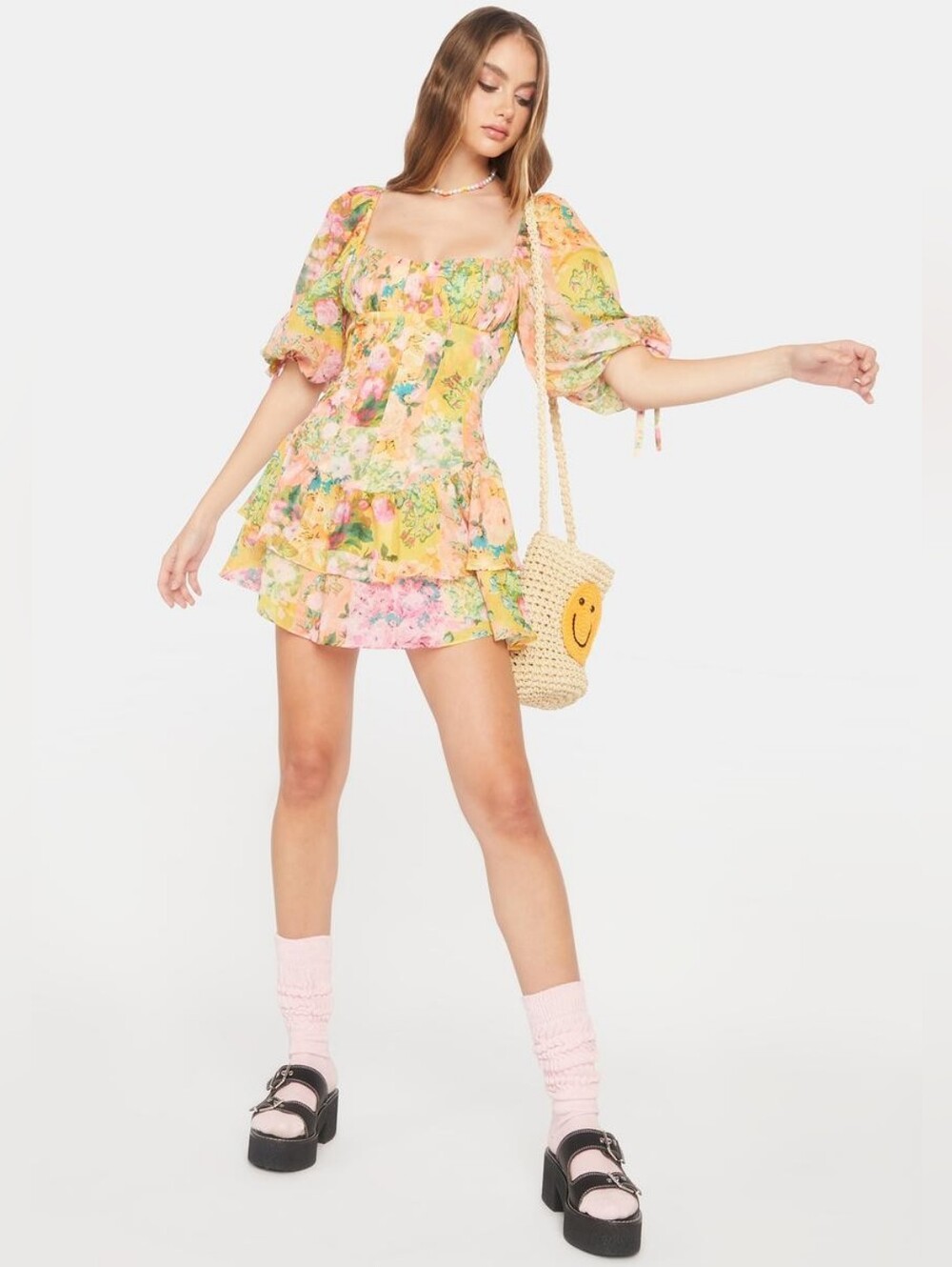For Love & Lemons Nina Tiered Ruffle Floral Mini Dress S